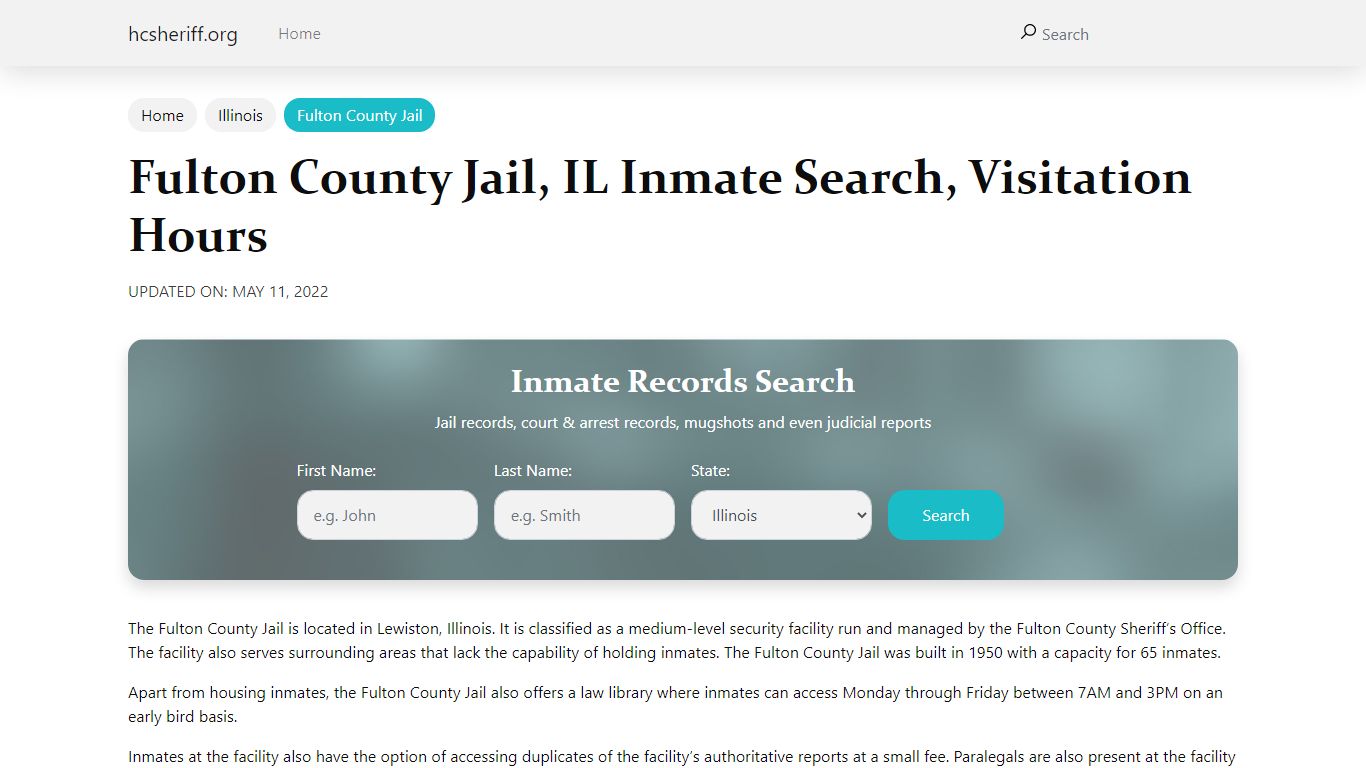 Fulton County Jail , IL Inmate Search, Visitation Hours